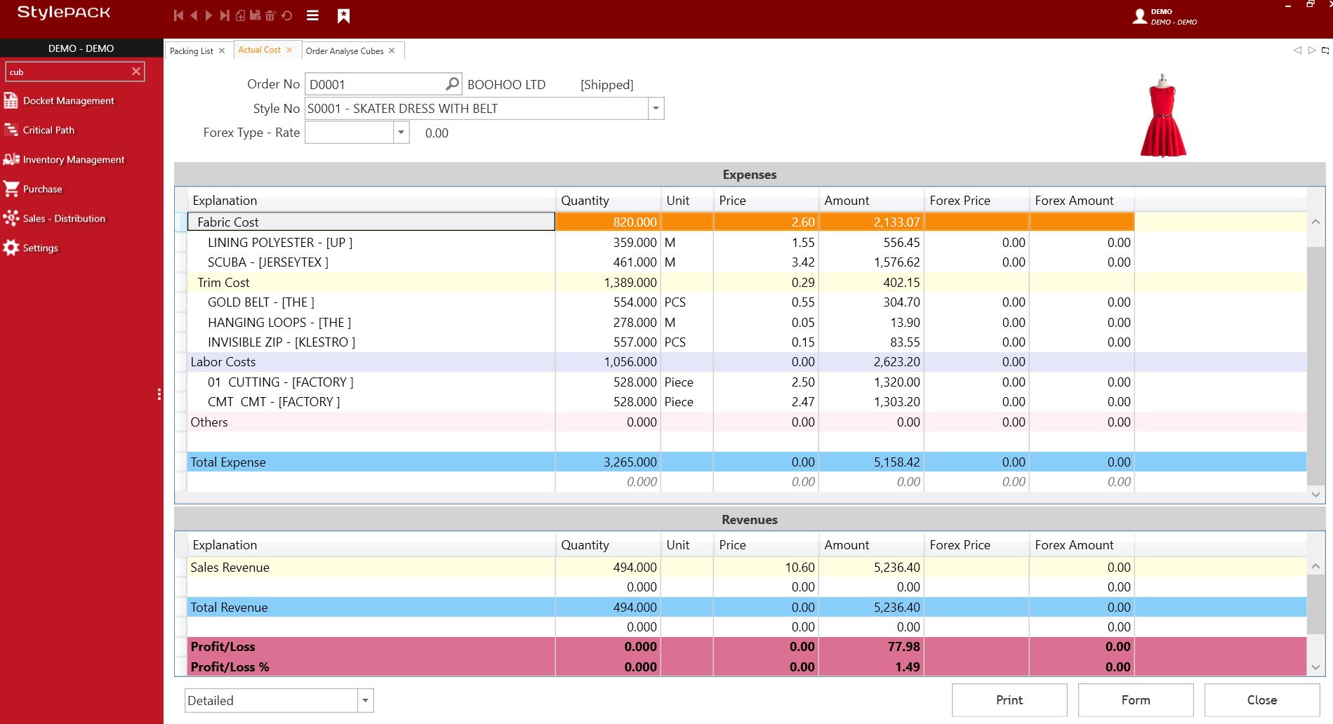 StylePack PLM project lifecycle management screenshot showing an order analysis