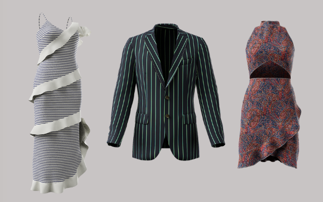three 3d images of two dresses and a jacket